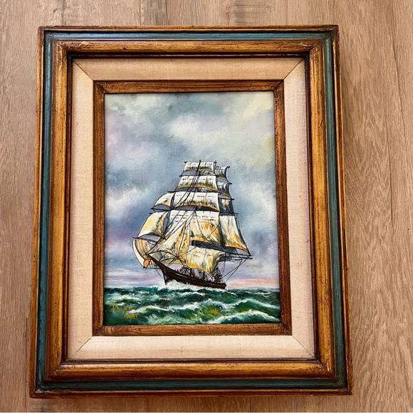 Phyllis Ayaf Signed Original Oil Painting Ship Seascape Two Tone Wood‎ Frame